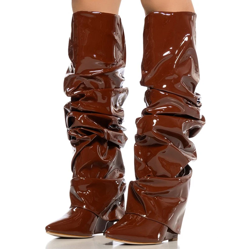 

Pleated Upper Pants Knee High Boots Ladies Wedge Heels Pants Shoes Women Camouflage Overlay Ruched Long Boots