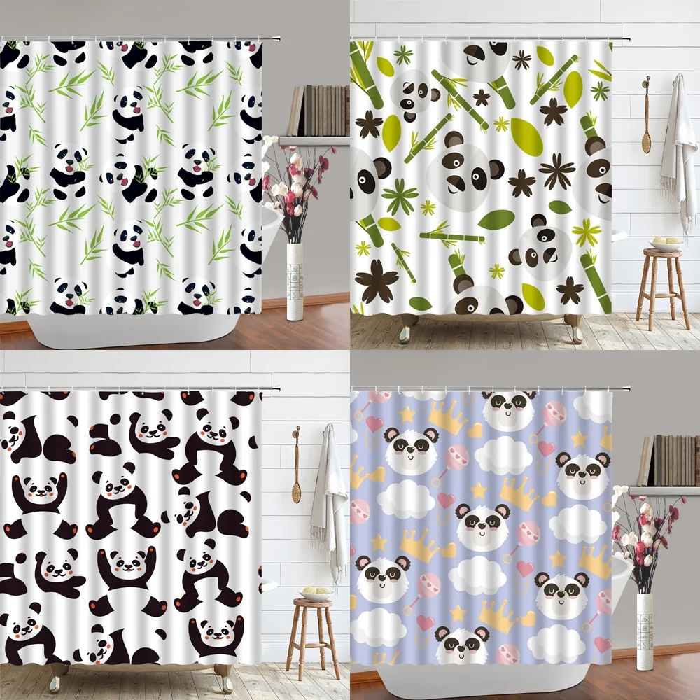 Cute Panda Shower Curtain for Bathroom Decor Sets Chinese Fresh Bamboo Cartoon Animal Bath Curtains Kids Polyester Fabric Screen