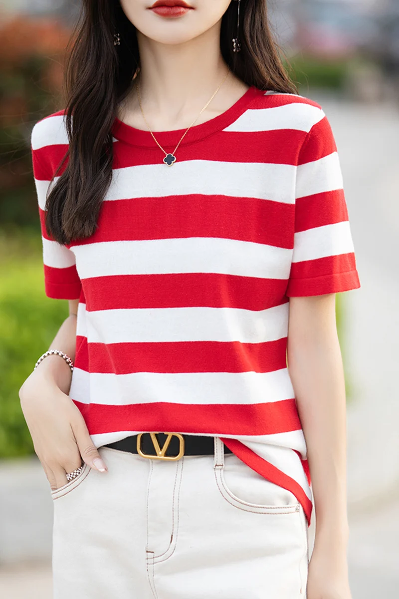 

Summer New 100% Pure Cotton Knitted Round Neck Wide Stripe Color Block Simple Fashion Women's Short sleeved T-shirt Top