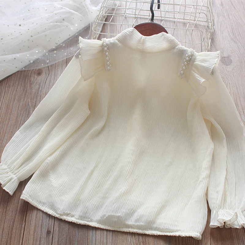 Kids Shirts Spring Girls Blouses Chiffon Long Sleeve Preppy Cute Kids White Shirts Cotton Girls Clothes School Uniform Tops