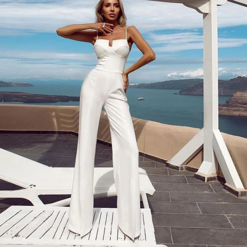 SKMY 2022 New Women Clothing Sleeveless Spaghetti Strap Jumpsuit Solid Color White Slim Casual Pants One Pieces Outfits