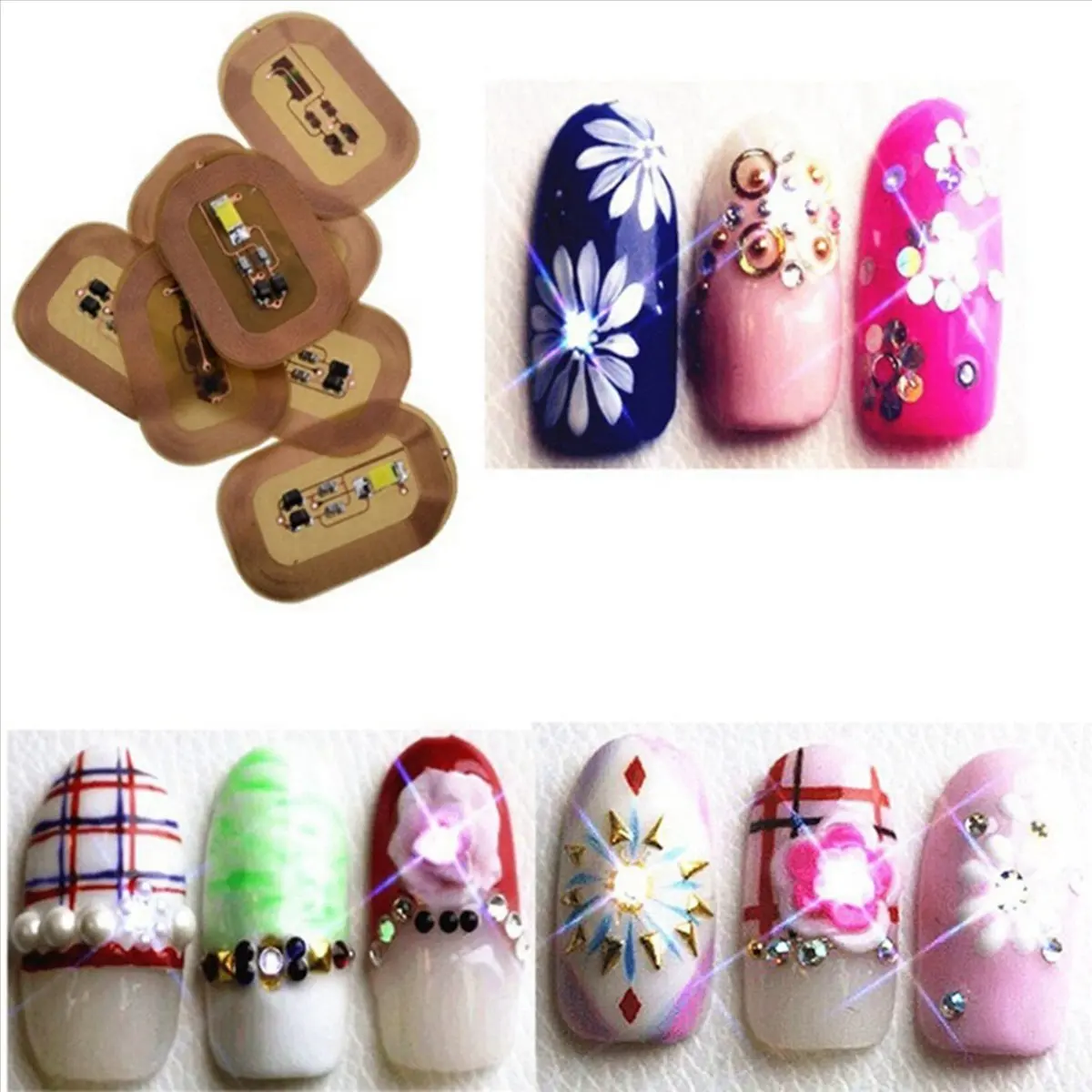 10Pcs NFC 플래시 네일 스티커 LED 베어 칩 지능형 발광 네일 램프 네일 스티커 강화, 진한 파란색