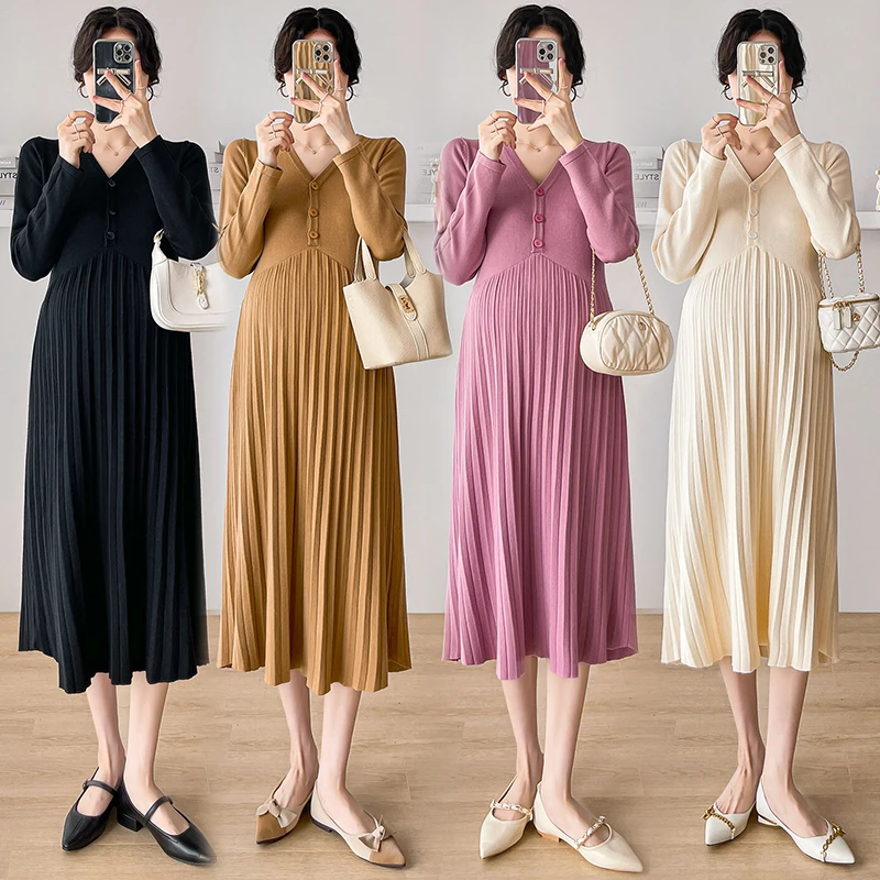 임산부 플리츠 드레스, 긴팔 브이넥, 단추 플라이, 하이 웨이스트, 임산부 니트 드레스, 임신 스웨터, 한국 스타일, 겨울 