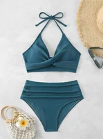 Maillot de bain sexy taille haute pour femmes, col licou, couleur unie, vêtements de plage, été, 2025 6