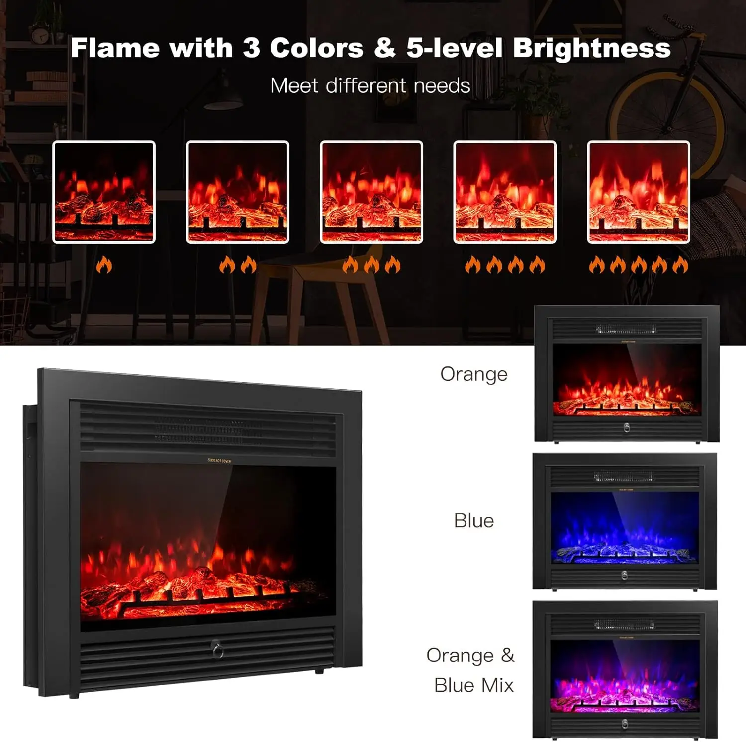 70" Mantel Fireplace TV Stand 750W/1500W Electric Fireplace Heater Insert Cabinet w/Remote Control 1-8H Timer 5-Brightness