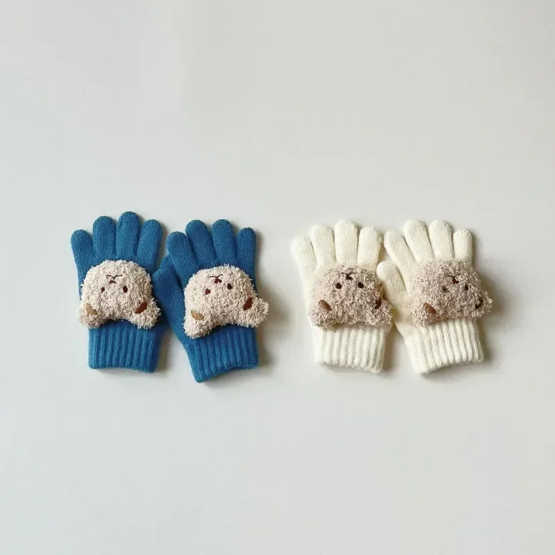 따뜻한 겨울 장갑, , 여아, 남아, , 두꺼운 귀여운 곰, 니트 양털 장갑, 부드러운 전체 손가락 장갑, 2-6 세 어린이