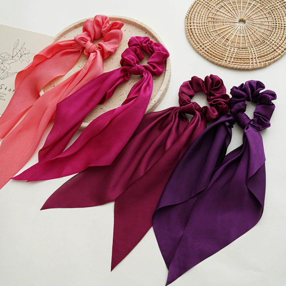 

Solid Color Long Ribbon Scrunchies Bow Knotted Satin Hair Rope DIY Silky Elastic Hair Bands Sweet Headwear Fashion Hair Ring