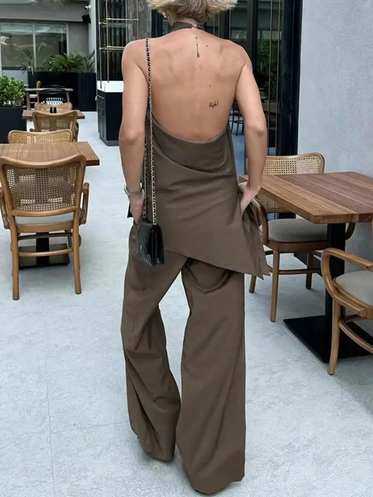 HH Women Vintage Solid Pant Sets Sexy Backless Halter Camis Top Asymmetric Tank Top + Drawstring Trousers Fashion Streetwear