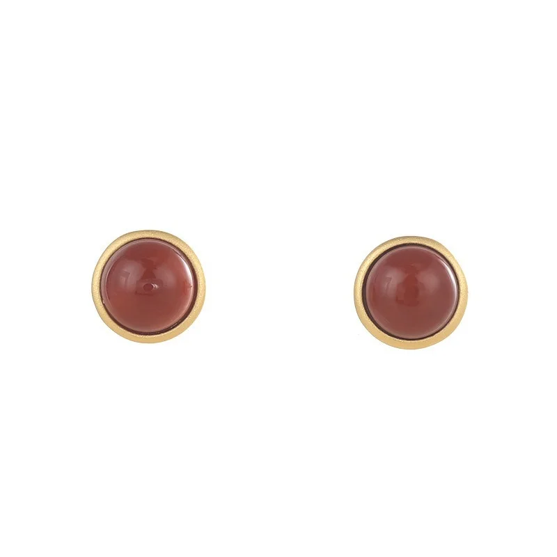 S925 sterling silver inlaid with natural south red agate, Hotan jade and pine stone. Round egg Earrings women's gold plating