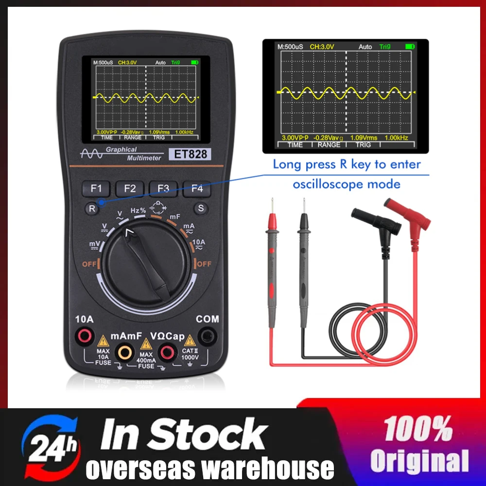 

ET828 Intelligent Graphical Digital Oscilloscope Multimeter 2 in 1 2.4 Inches Color Screen 1MHz Bandwidth 2.5Msps Sampling Rate