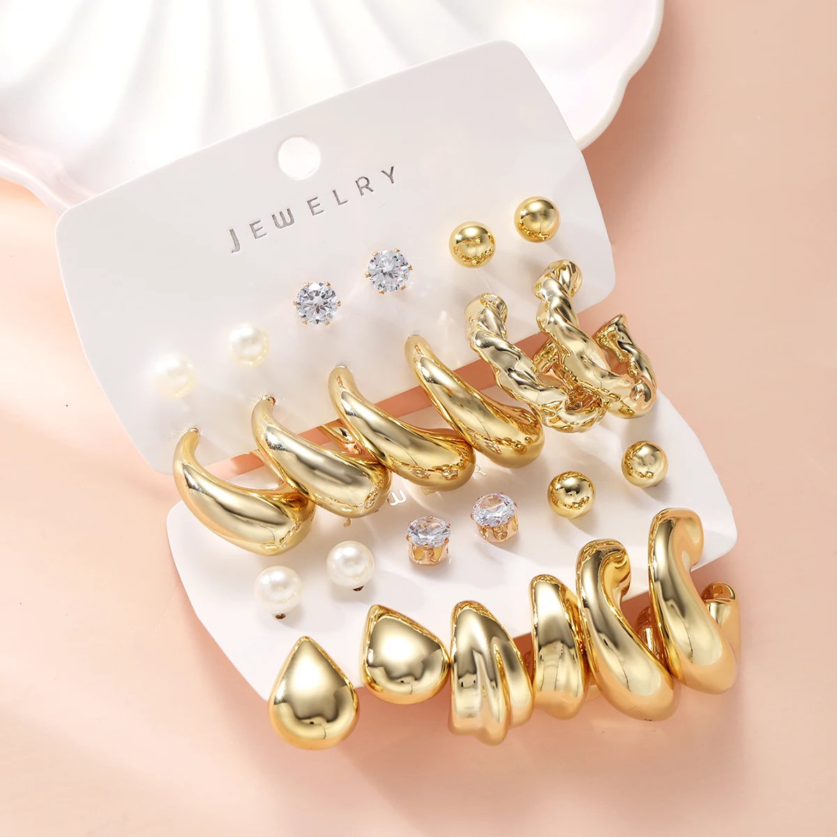 Vintage Classic Gold Plated C Shape Earring Set for Women Geometry Glossy Zircon Pearl Waterdrop Earring Fashion Jewelry Gifts