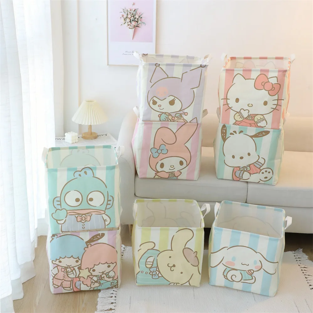 Sanrio Kawaii Hello Kitty Storage Box Kuromi Cartoon Cute Cotton Linen Folding Storage Basket Ins Foldable Clothes Storage Box