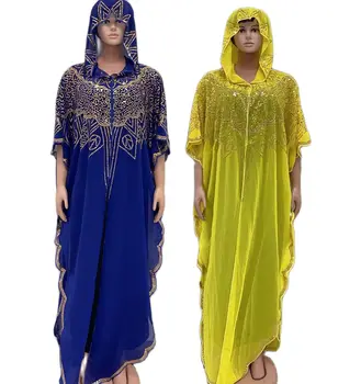 Women's Clothing Fashion Classic African Dashiki Abaya Chiffon Fabrics Sequin Batwing Loose Muslim Hooded Dress Free Size 1