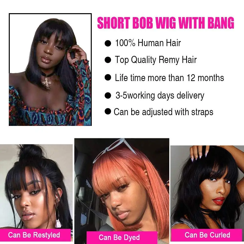 Straight Wig With Bangs Brazilian Fringe Bob Human Hair Wigs Full Machine Made Wigs For Women Glueless Short Bob Wig Ready To Go