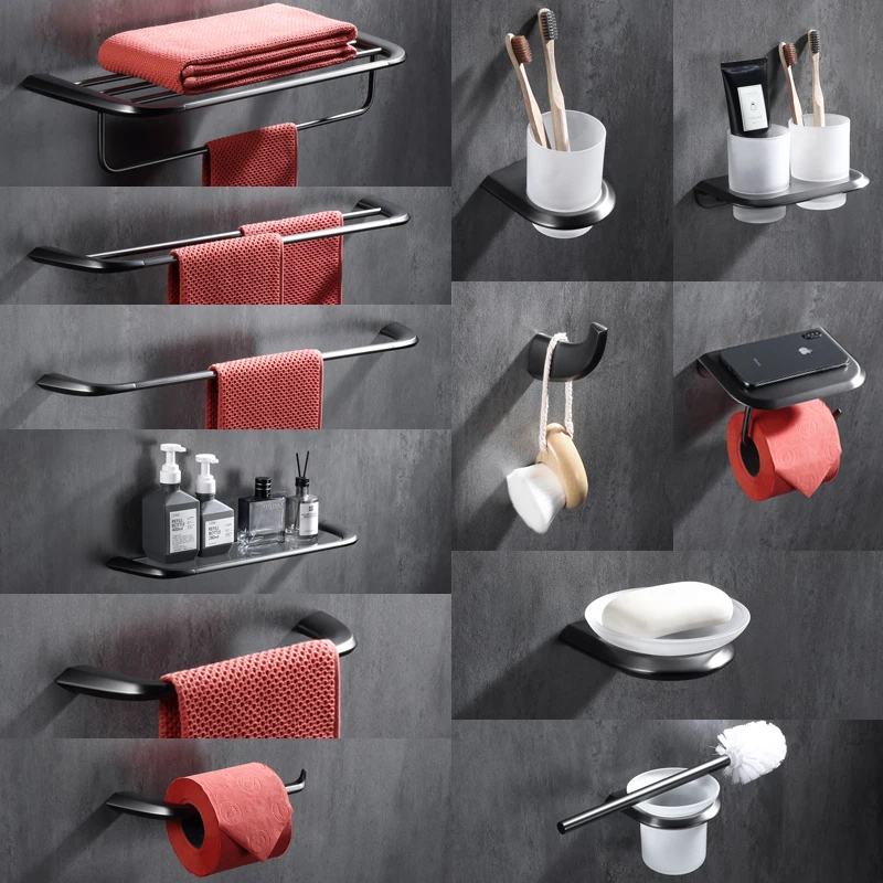 

Bathroom Accessories Hardware Decor Toilet Roll Paper Holder Towel Hanger Hook Towel Bar Grey Wall Mount Stainless Steel Shelf