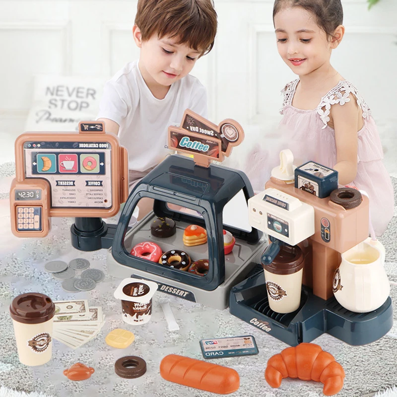

Kids Coffee Machine Kitchen Simulation Food Bread Coffee Cake Pretend Play Shopping Cash Register Toys set For Children Gift