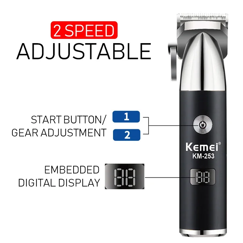 Kemei KM-253 남성용 전문 헤어 커팅 머신, 무선 헤어 트리머 머신, USB 충전 헤어 클리퍼