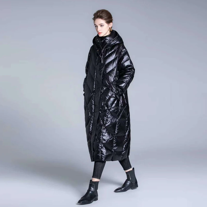

Luxury Women's Hooded Long puffer jacket 2022 Winter Solid Thickened snow 90% white duck down coat Ladies Parkas INKEO 2O092