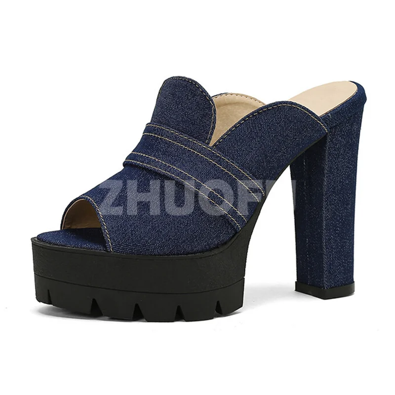 

Summer New Style Female Blue Jean Slippers Peep Toe Unique Platform Ultra High Heel Slippers Fashion Versatile Women Shoes