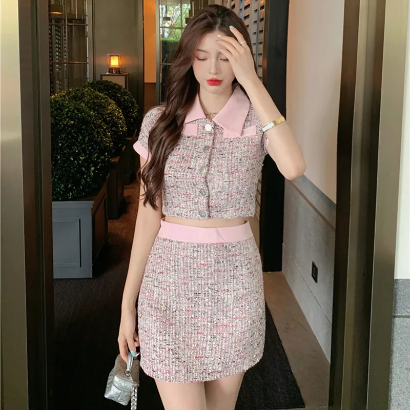 

New Fashion Summer Women Tweed 2 Piece Set Short Sleeve Single Breasted Jacket Tops+Mini Skirt Suit Sweet Girl Skirts Outfits