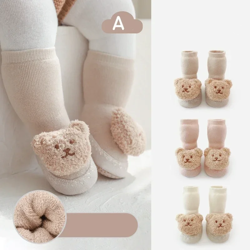 1 Pair Infant Baby Sock Shoes Warm Autumn Winter Newborn Non-slip Floor Shoes Kawaii Cartoon Bear Doll Toddler Indoor Shoes