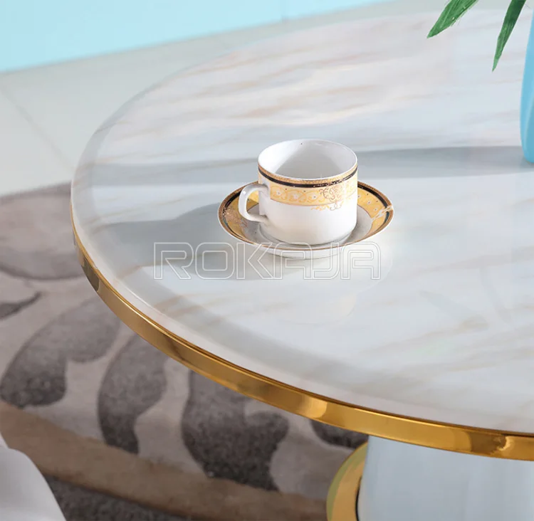 Luxury Business Creative Negotiation Table Gold Stainless Steel Marble Round Coffee Table Set