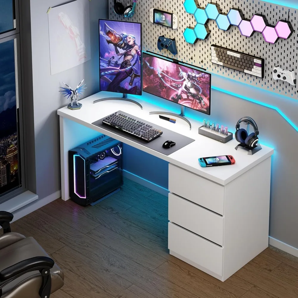 White Desk with Drawers, 47'' W Home Office Computer Desk Gaming Table, Modern Vanity Desk with Storage, Wood Writing Workstati 6