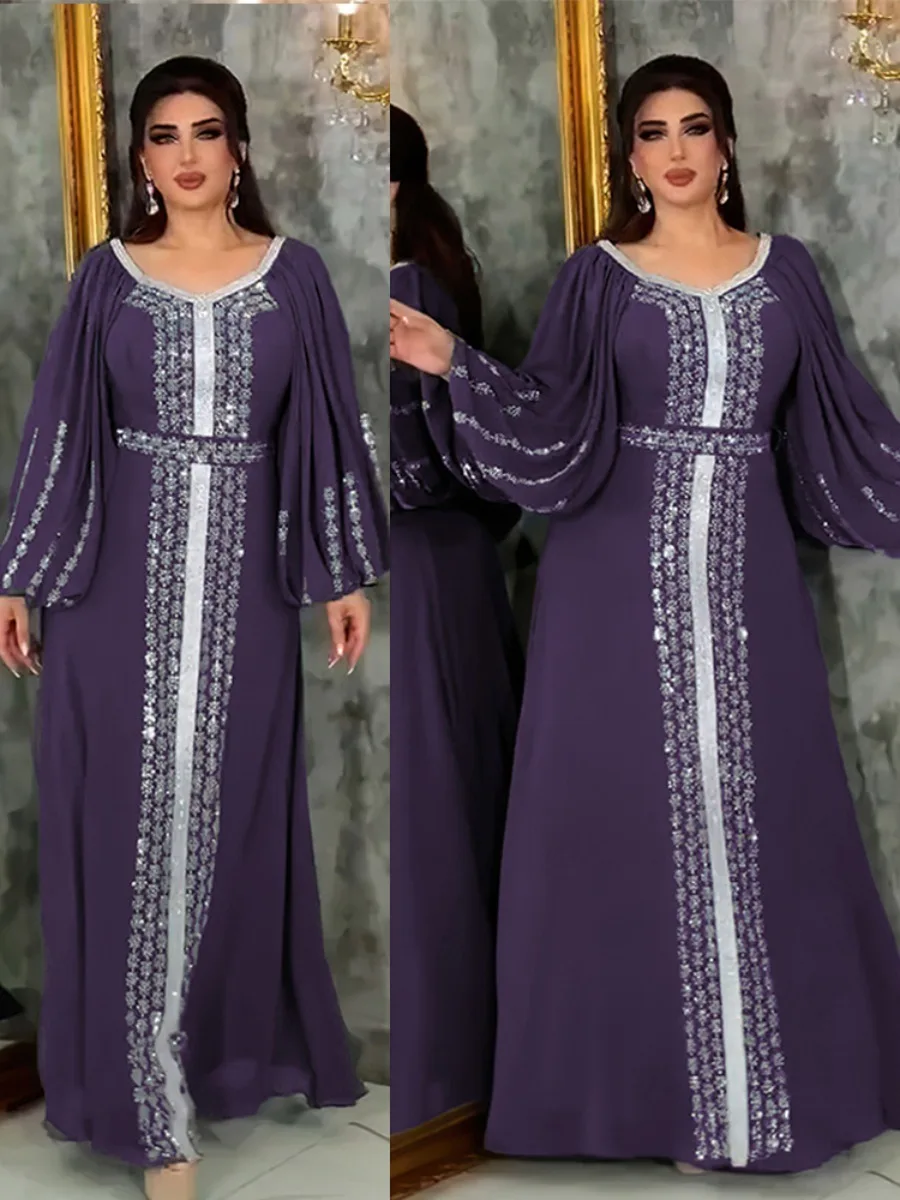 Abaya Muslim Women Party Dresses Chiffon Sequins Jalabiya Ramadan Eid Morocco Islam Sashes Vestidos Arab Long Robe Dubai Kaftan