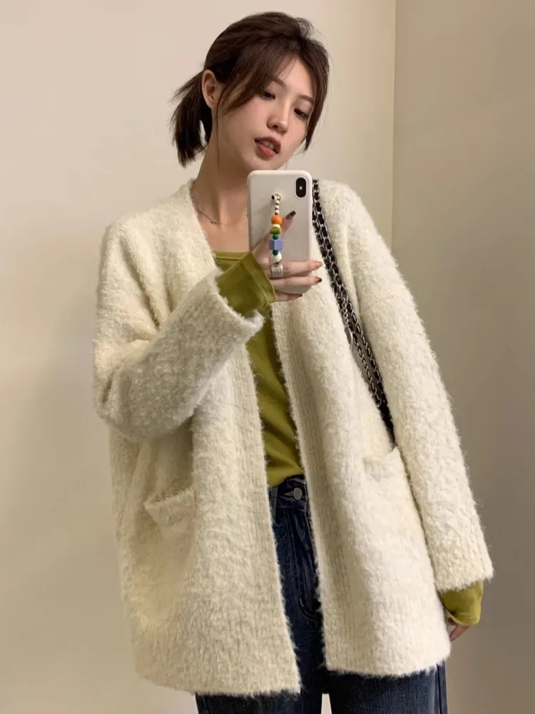 

Женский кардиган с длинным рукавом, однотонный Повседневный трикотажный свитер в Корейском стиле, Свободное пальто с карманами для весны и осени, 2023