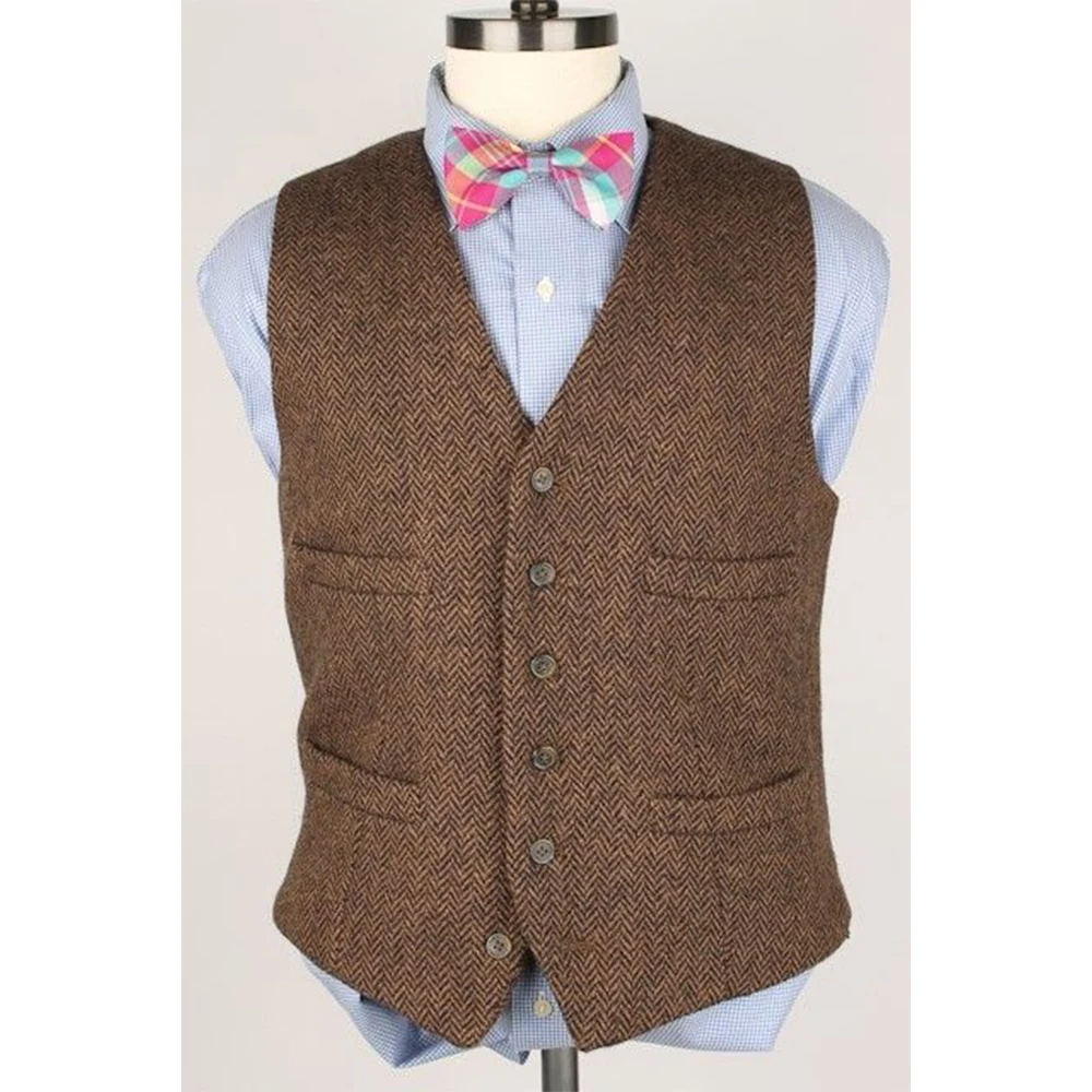 

Herringbone Tweed Men's Motorcycle Vest Man Casual 4 Pockets V Neck Waistcoat Suits Vests for Wedding Business Sleeveless Jacket