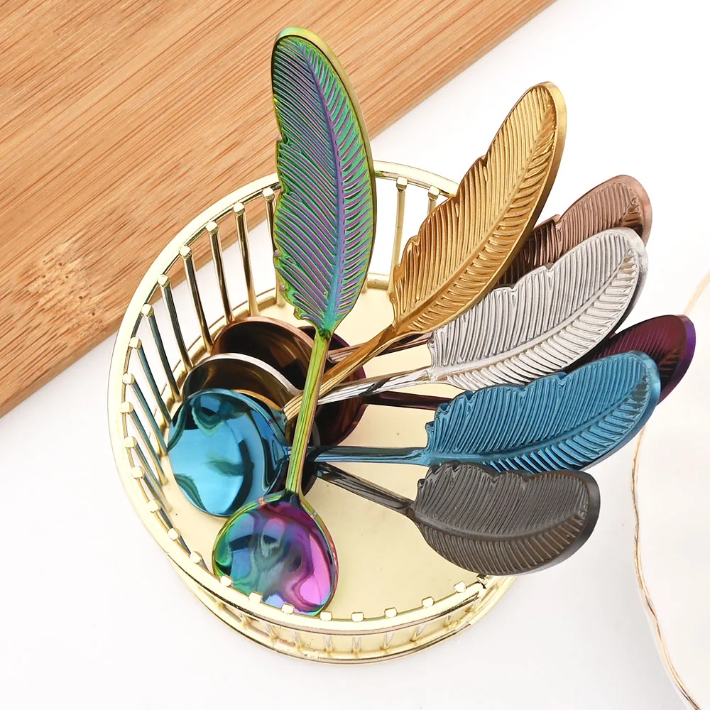 Feather Spoon Fork Stainless Steel TeaSpoon Creative Coffee Spoon For Ice Cream Cake Tool Decoration Cutlery Kitchen Accessories