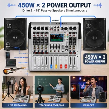 VR-6 PRO Amplifier Mixing Console with Bluetooth DJ Audio Mixer | 550W High Power Output, 99 DSP Effects, Large Screen Spectrum Display, Intelligent Noise Reduction for Bar Stage, Studio 2