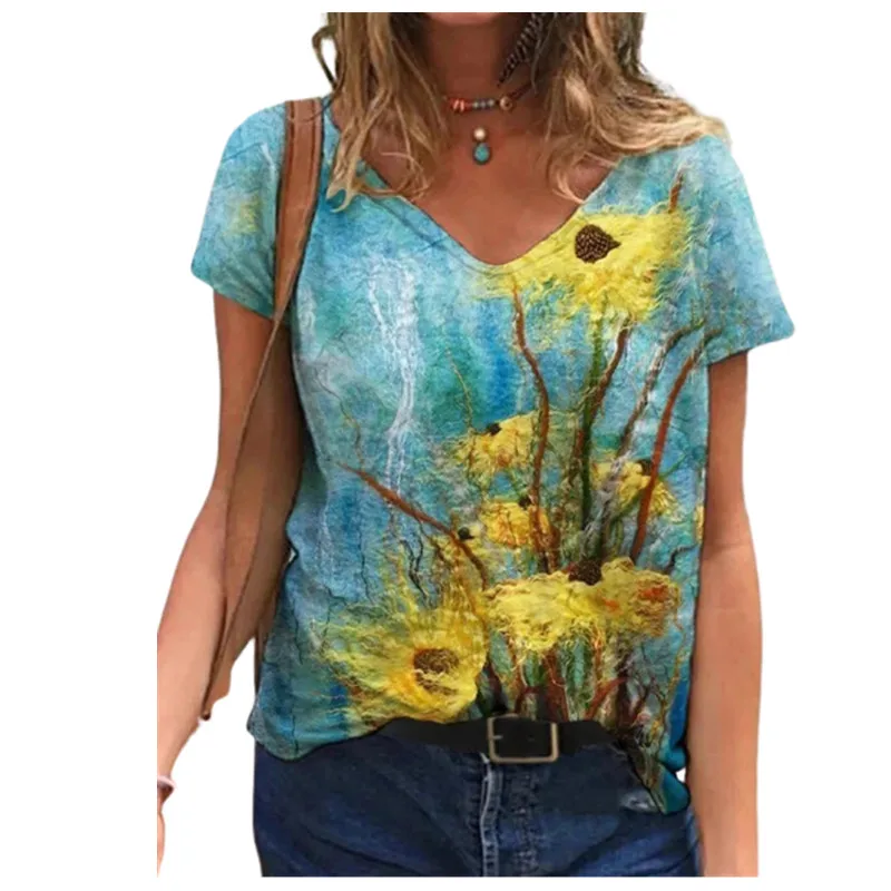 Fashion Print V-Neck Women T Shirt Casual Loose Streetwear Ladies Plus Size Beach Short Sleeve T Shirt Female Pullover Tops Tee long sleeve t shirts Tees