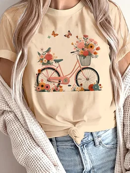 Floral Butterfly with Bicycle Print Casual T-Shirt Graphic Print Design Round Neck Tee Spring Summer T Shirt 1