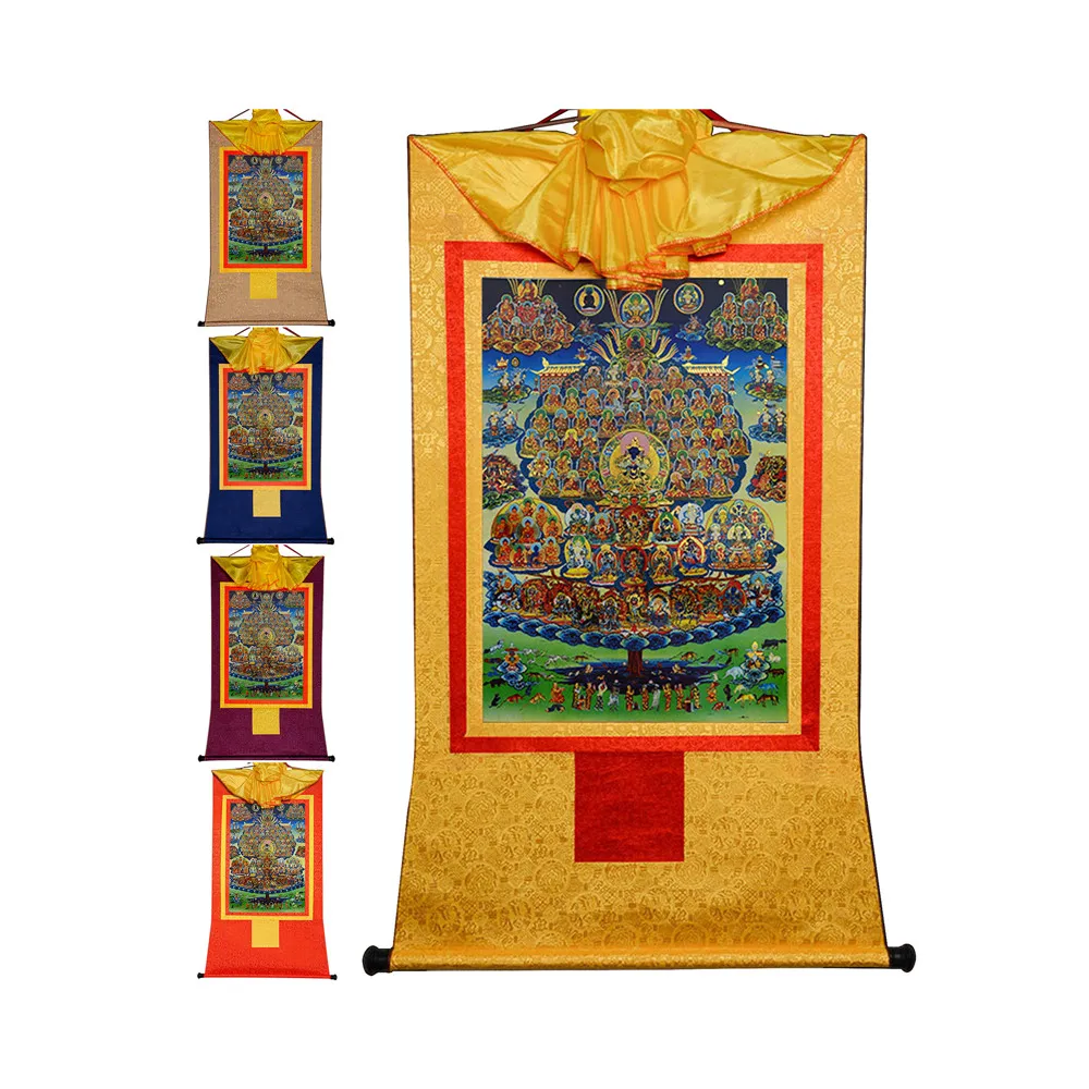 

Gandhanra Bronzing Printed Thangka Art - Karma Kagyu on Refuge Tree Thangka,Hand Framed Tibetan Buddhist Thangka