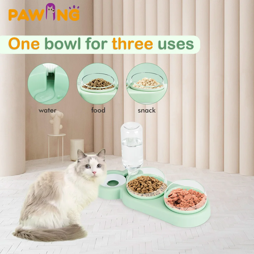 PAWING Automatic Food Cat Bowl 3 in 1 Cat Feeder Pet Drinker For Cats Water Storage Dispenser Double Bowl Raised Stand Container