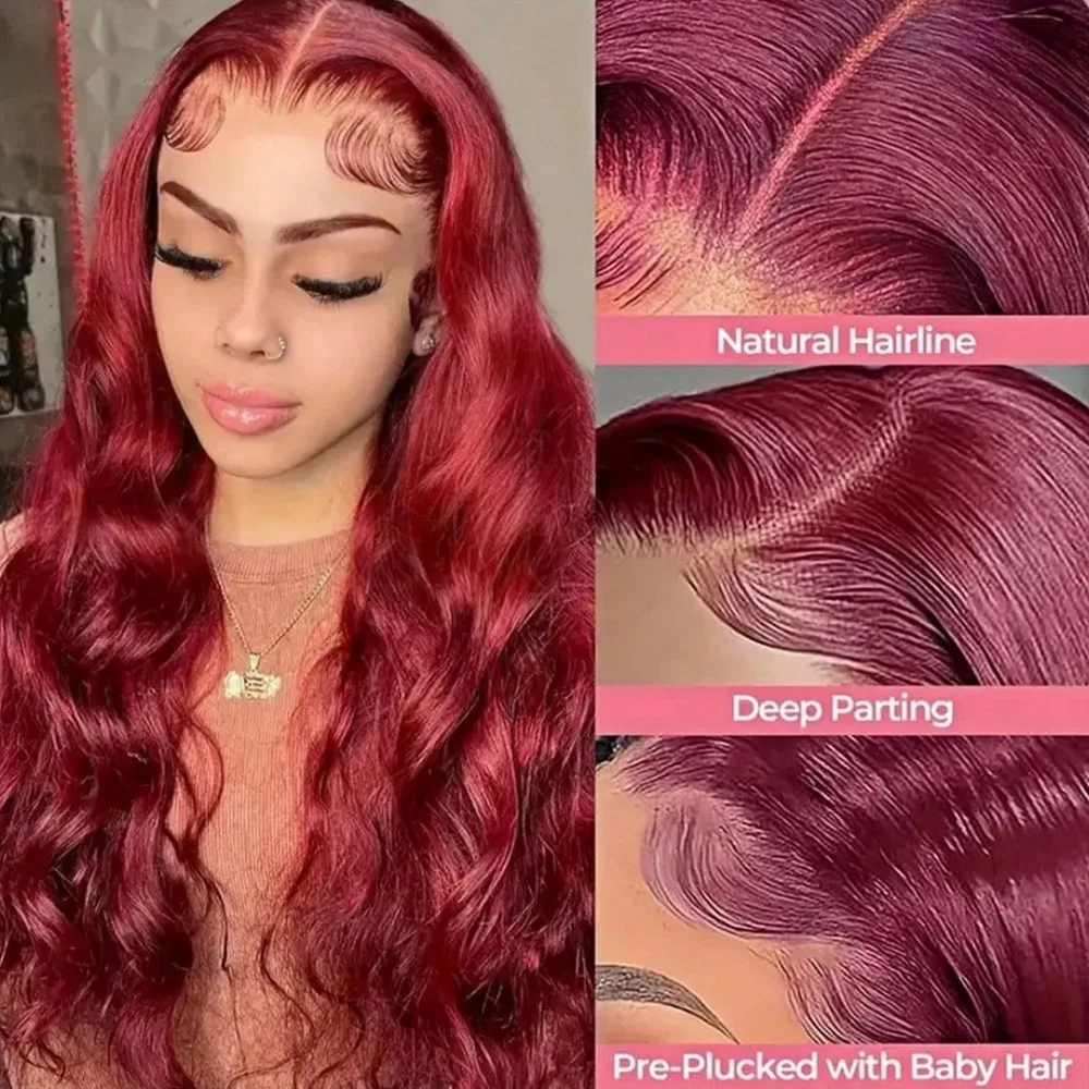 26Inch 99j Burgundy Lace Front Wigs Human Hair 13x4 Body Wave HD Transparent Lace Frontal Wigs for Women 200%Density Pre Plucked
