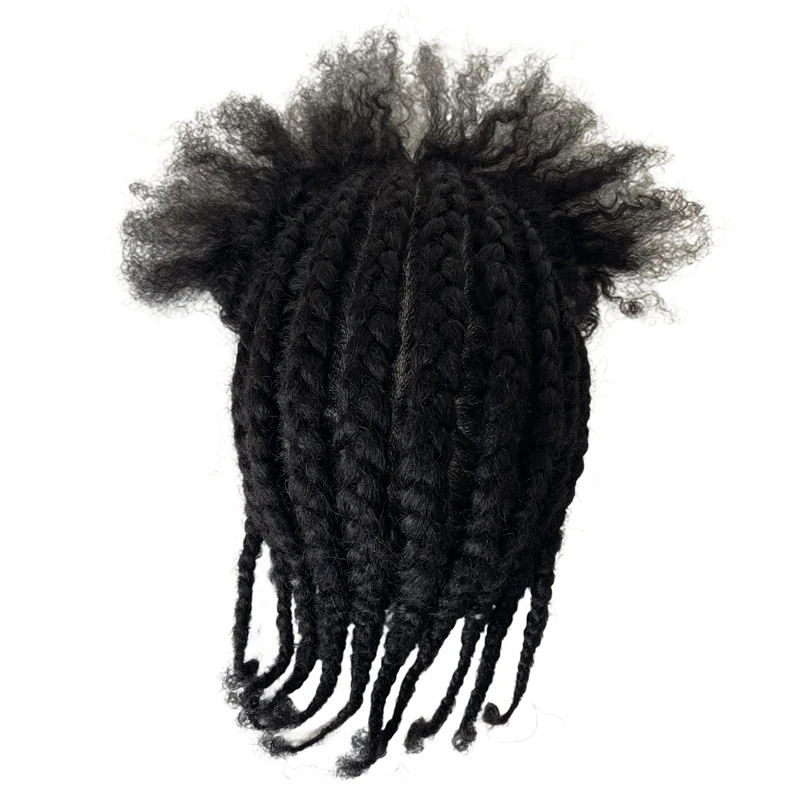 Mongolian Virgin Human Hair Hairpieces 1# Jet Black Color Cornrow Braids Unit 8x10 Full PU Toupee for Black Men