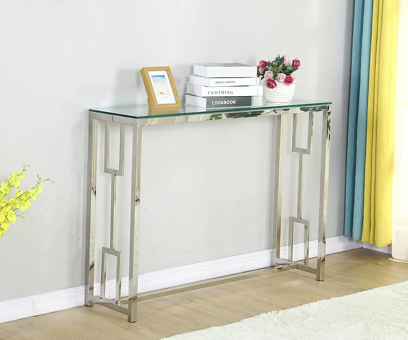 

Стеклянный консольный столик, современный стол для прихожей, Серебряный стол-консоль с закаленным стеклом и гладкими хромированными ножками