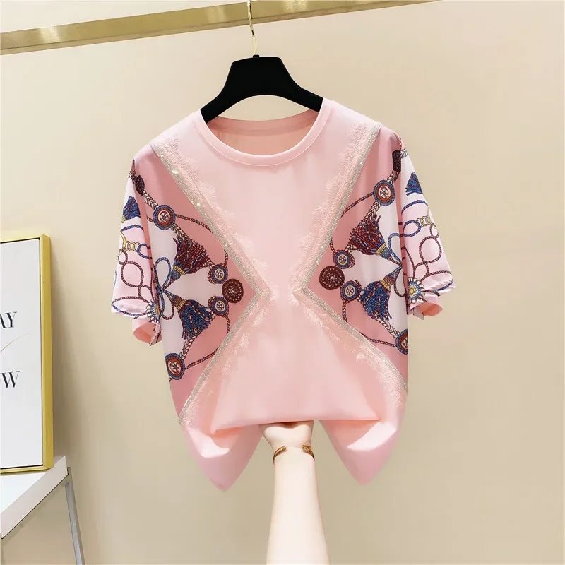 

Vintage Hot Drill Print Lace Patchwork T Shirt Women Short Sleeve O-Neck T Shirts Summer Tops 2022 Korean Loose Tee Shirt Femme