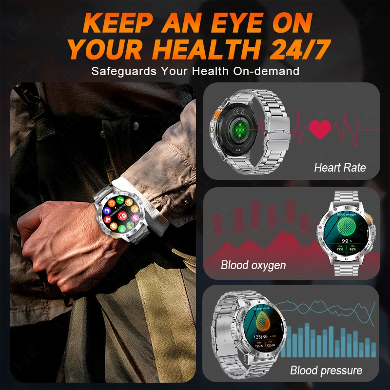 LIGE AMOLED Smart Watch for Men Bluetooth Call Smartwatch Man LED Flashlight Smart Watches Health Monitor Sport Fitness Bracelet