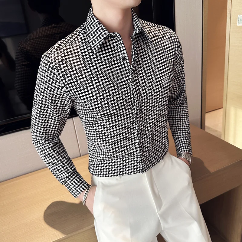 Camisa Social Shirt Men Slim Fit Medusa Shirt Male Korean Plaid Houndstooth Long Sleeve Shirts Man Camisas Hombre Black Blouse