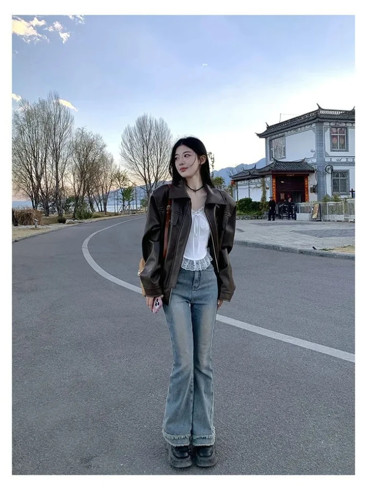 

2023 Autumn Leather Coat Loose High Street Aviator Leather Jacket WomanPunk Fashion Brown Leather Jacket Women Streetwear Zipper