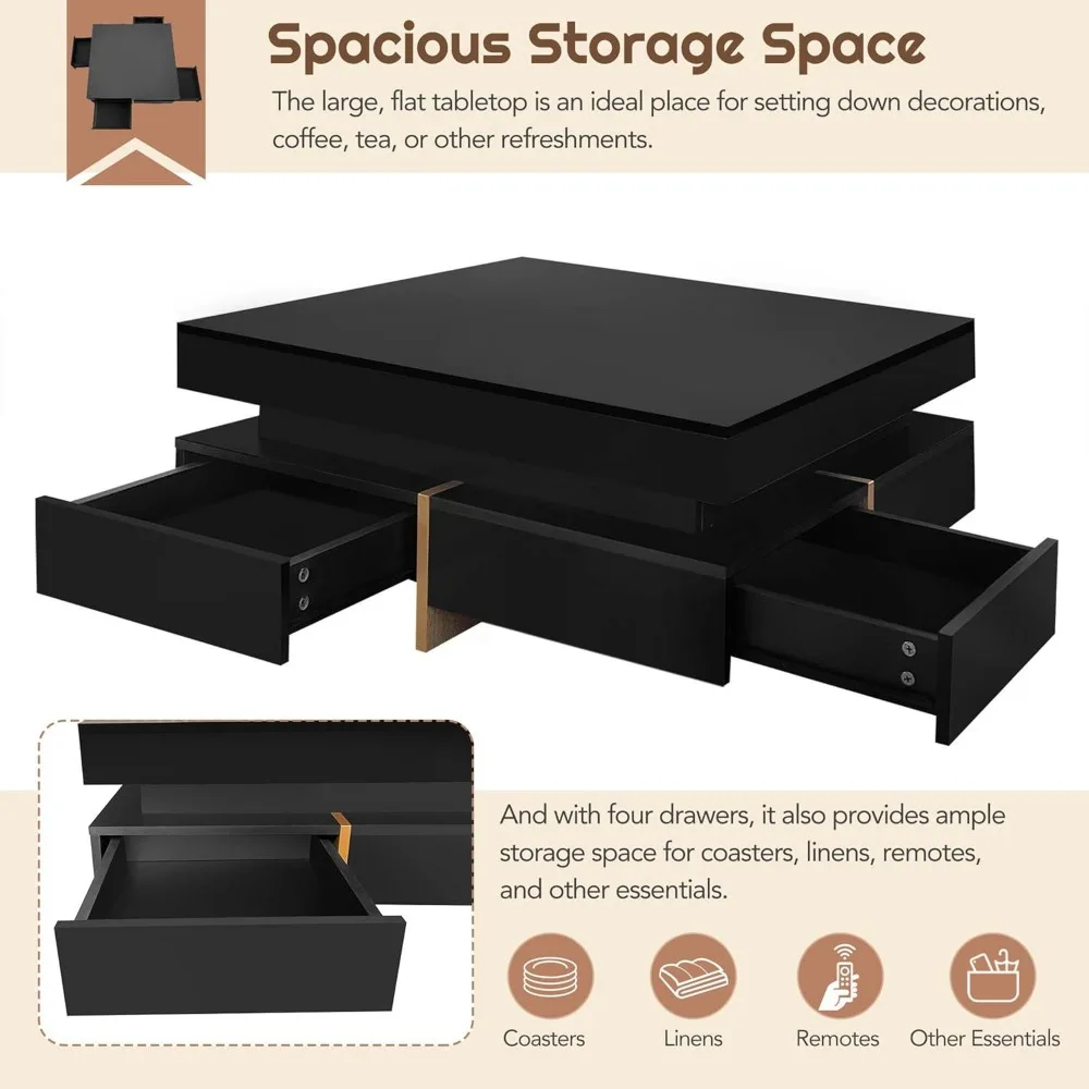 Modern Coffee Table with Storage, Contemporary Square Coffee Table with Drawers, High Gloss Modern Center Table 4