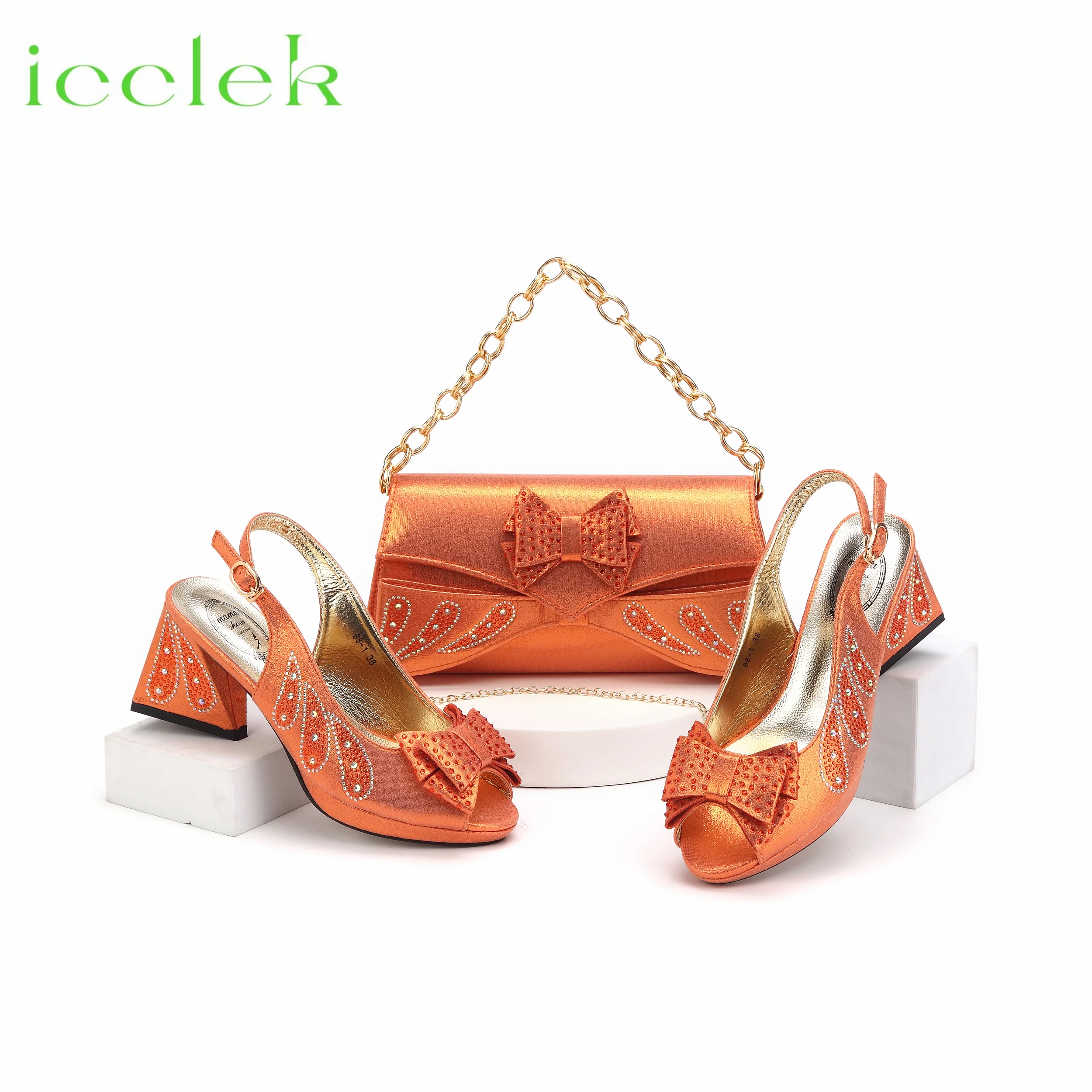 2024-high-quality-peep-toe-butterfly-design-ladies-shoes-matching-bag-set-in-orange-color-for-fashion-party-women