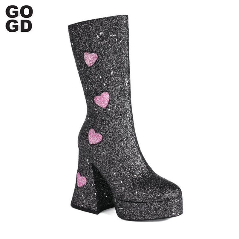 

GOGD Trendy Women's Pumps Fashion Platform Mid-Calf Boots Warm Plush Chunky Heeled Glitter Chelsea Boots Heart Zip High Heels