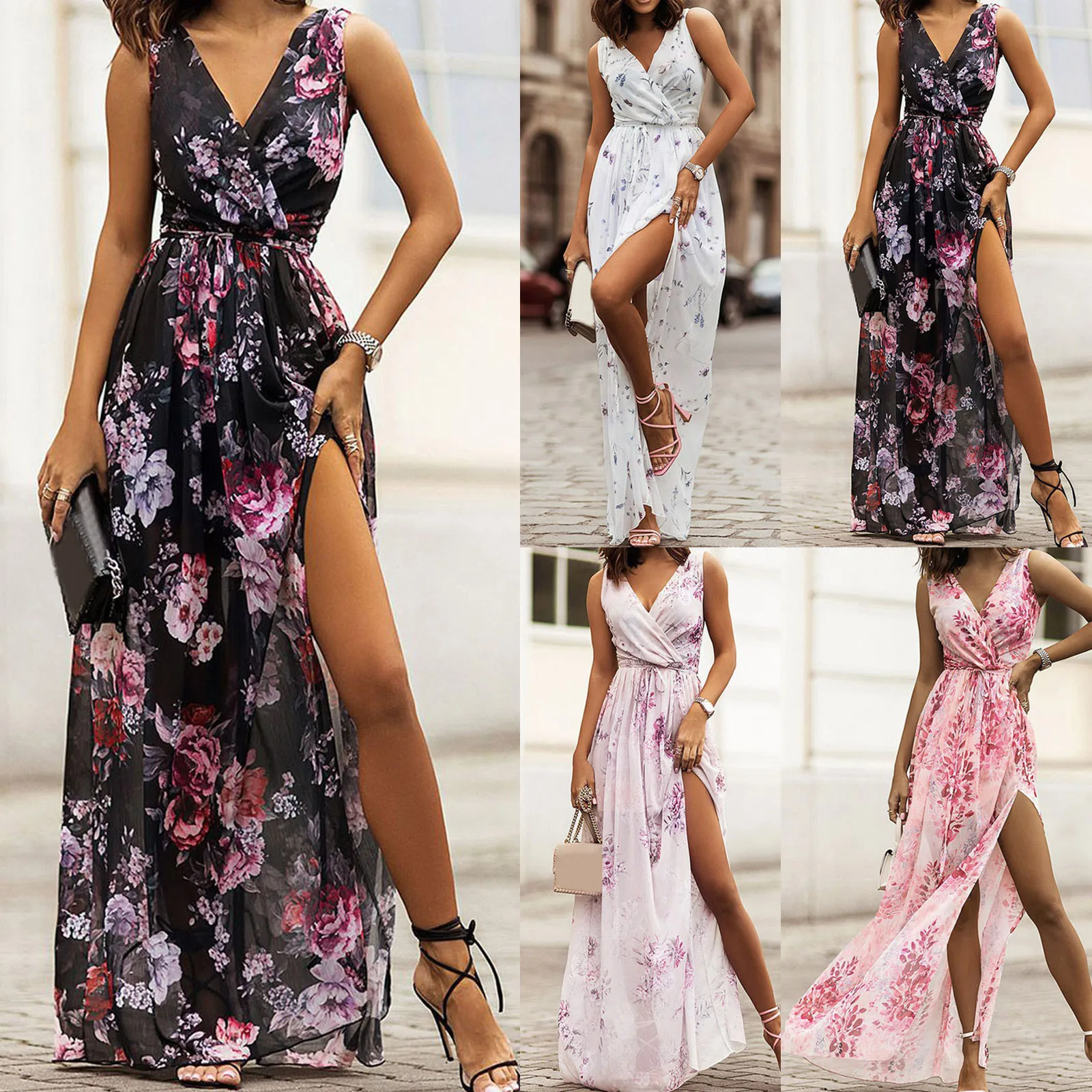 

Summer Outfits For Women 2024 Floral Print Deep V Neck Chiffon Maxi Dress Sleeveless Side High Slit Long Dresses платье женское