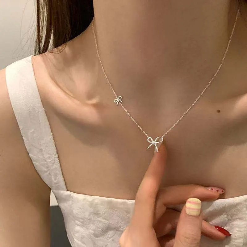 2025 Korean Silver Color Bowknot Pendant Necklace For Women