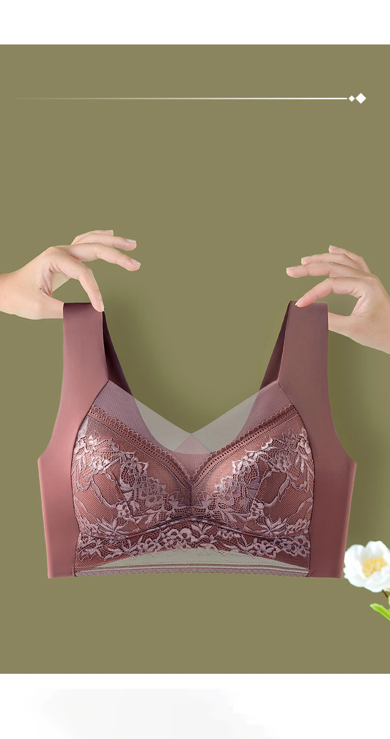 Plus Size Bra - Women's Lace Padded Comfort Bra With Ice Silk Fabric, Wire Free Support