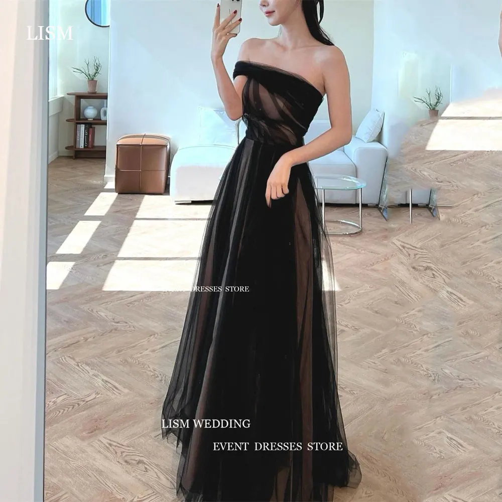 

LISM Simple Black Korea Wedding Dress Photo Shoot One Shoulder A Line Bridal Gown Princess Tulle 웨딩드레스 Custom Made